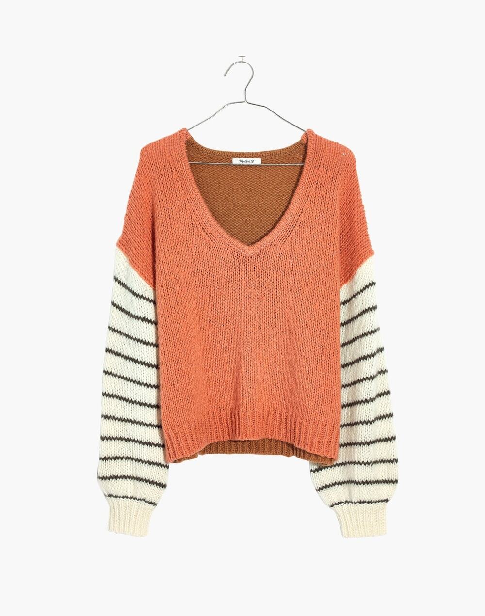 Madewell Balloon-sleeve Pullover Sweater In Colorblock Faded Coral - S